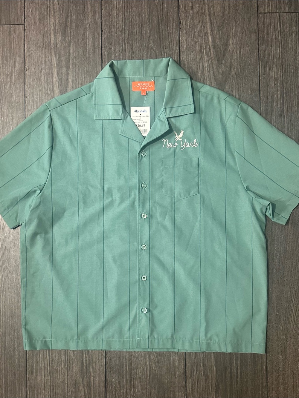 New York Embroidered Short-Sleeve Button-Down Shirt - Seafoam Green